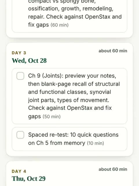 A day-by-day exam plan appearing